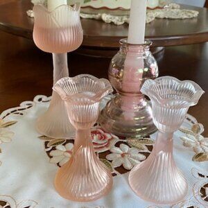 Vintage 4 PINK DEPRESSION CANDLESTICKS * Frosted TULIPS & Clear PINK w GOLD BAND